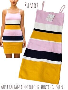 Rumor Women's Striped bodycon mini dress pink white black yellow Colorblock XS